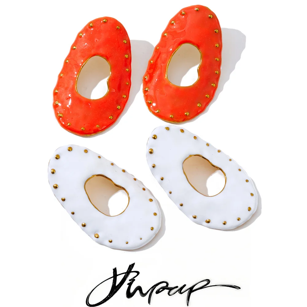 Yhpup Stainless Steel Enamel Oval Hollow Stud Earrings Rust Proof Metal Fashion Jewelry Orange White Color
