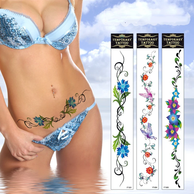 Sexy Blume Nabel Tattoo Aufkleber Lange Bauch Bauch Taille Zurück Arm Oberschenkel Brust Wasserdicht Temporäre Tattoos für Frauen Mädchen