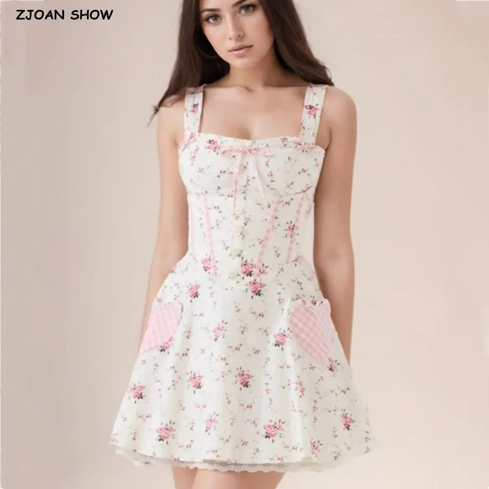 

2025 Sweet Flower Print Contrast Plaid Bow Collar Pleated Strap Sling Dress Slim Low Waist Swing A line Short Tank Dresses Robe