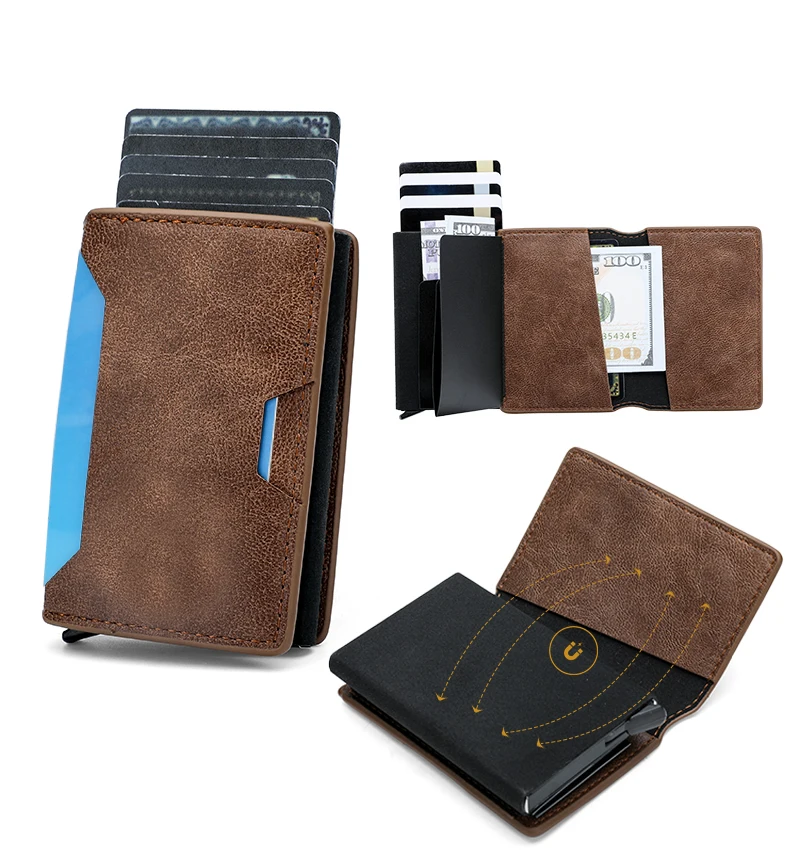

Aluminum alloy carbon fiber men's wallet card case upgraded magnetic closure pop-up minimalism, RFID anti-theft brush