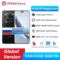 Оригинальный смартфон HONOR Magic6 Pro, Android, глобальная версия, Snapdragon 8 Gen 3, 120 Гц, 6,8 дюйма, четырех изогнутая камера 180 МП, 5600 мАч