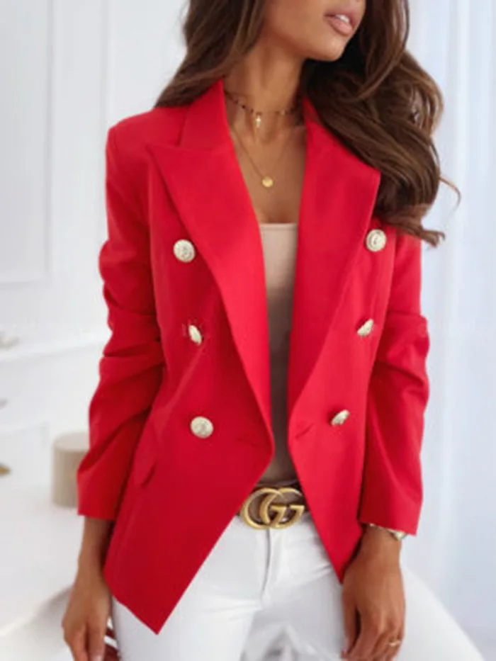 Women's Double-breasted Long Sleeve Jacket Autumn Fashion Solid Color Vertical Collar Small Suit for Europe And America