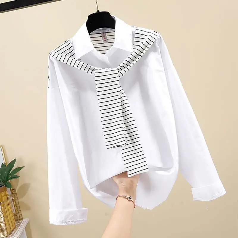 

Модные рубашки из двух предметов с длинным рукавом, женский топ, весенне-осенняя полосатая лоскутная повседневная блузка со шнуровкой, корейская трендовая одежда