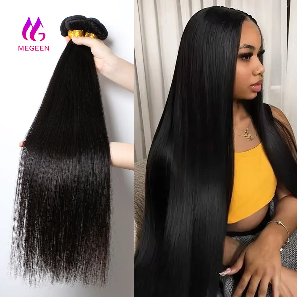

Прямые человеческие волосы Megeen, раньше 12-32 дюйма, бразильские волосы без повреждения кутикулы, 100% Необработанные двойные волосы, 32 дюйма, настоящий черный ТОБ