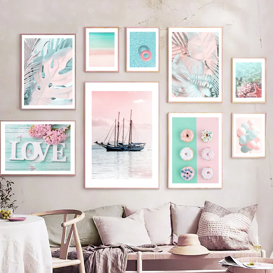 Pink Sea Ship Donut Lifebuoy Balloon Starfish Monstera Love Pictures Posters Nordic Canvas Painting Wall Art Living Room Decor