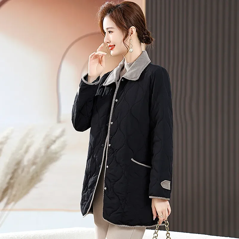 Giacca in cotone da donna medio-lunga autunno inverno 2025 Giacca frvolo allentata di nuova moda La vita Capispalla di colore puro femminile