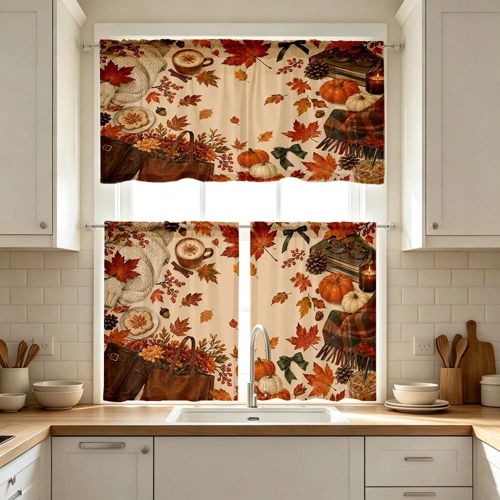 Thanksgiving Fall Kitchen Curtains, Coffee Cup Sweater, Digital Print, Kitchen Dining Room, Rod Pocket Polyester, Home Decor