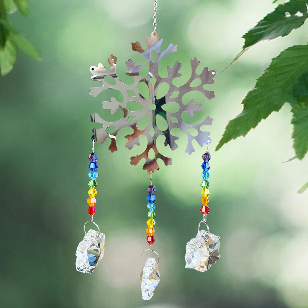 Rainbow Spacer Glass Bead Flower Crystal Prism Stainless Steel Christma Snowflake Tassel Pendant Suncatcher Garden Hanging Decor