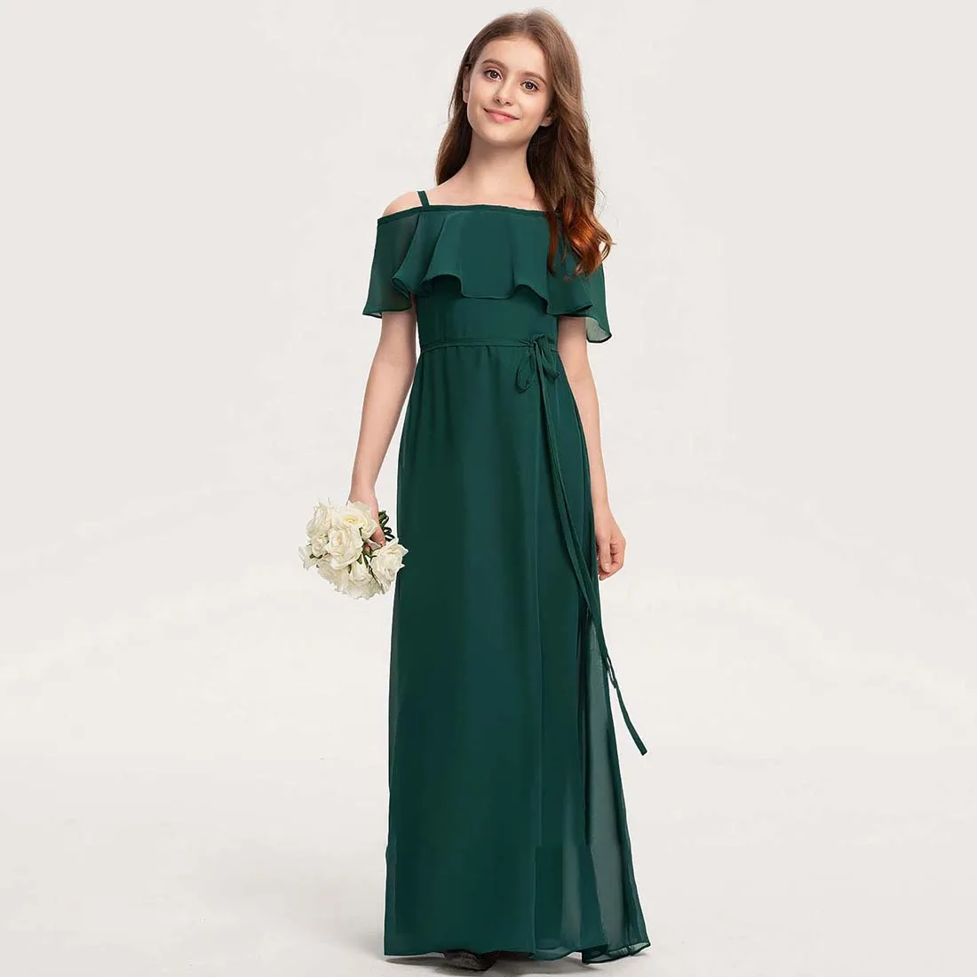 YZYmanualroom A-line Off the Shoulder Floor-Length Chiffon Junior Bridesmaid Dress With Bow 2-15T