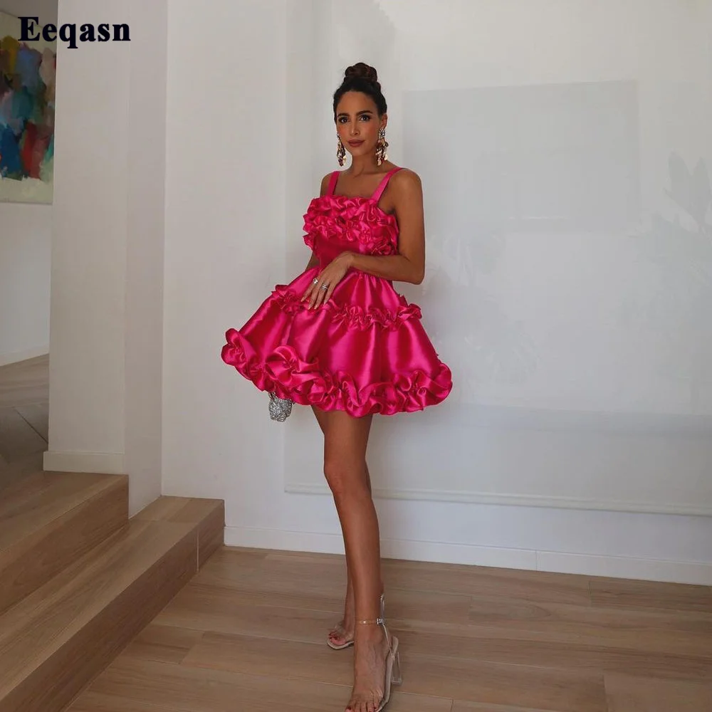 

Bright Fuchsia Mini Prom Dresses A Line Satin Ruffles Above Knee Women Cocktail Party Gowns Special Occasion Dress 2023