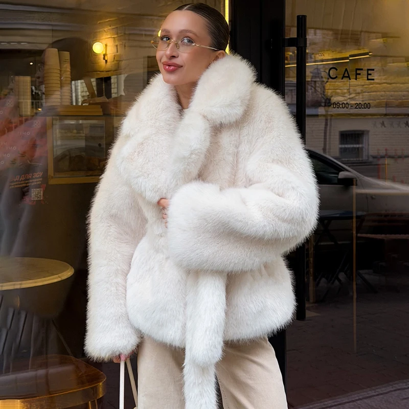 토르노바 스트리트웨어 인조 모피 코트 여성용 우아한 루즈핏 레이스업 캐주얼 숏 재킷 2025 겨울 신상 여성용 보온 퍼리 코트