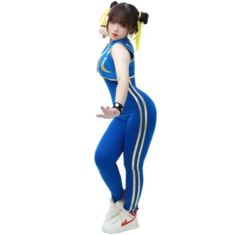 DAZCOS Games Li Costume Cosplay Tuta blu Gioco di battaglia Body Donna Ragazza Chun-Li Vestito con braccialetto e elastici per capelli sk;m1