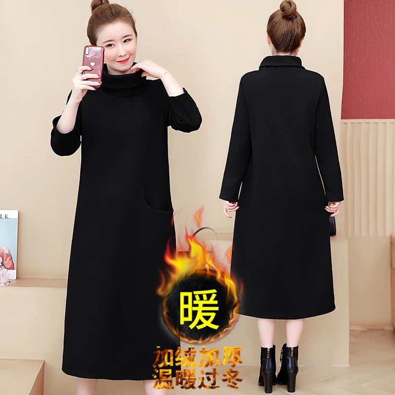 2024 Winter women turtleneck long sleeve Plush thick knitted dress,Autunm women streetwear velvet dress brand dress