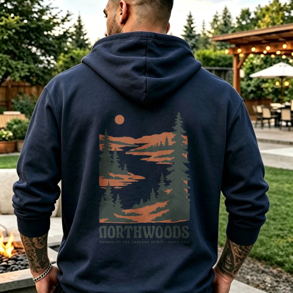 Northwoods Lake Pine Tree Sunset Graphic Hoodie Vintage Forest Mountain Nature Landscape Print Pullover Hooded Sweatshirt Tops