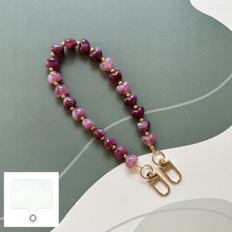Modische Acryl-Handykette mit Herzanhänger, Perlen-Telefonband, Handy-Hängeschnur für Damen, Schmuck