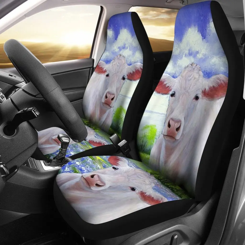 Charolais Cattle (Cow) Print Car Seat Covers Set 2 Pc, Car Accessories Seat Cover