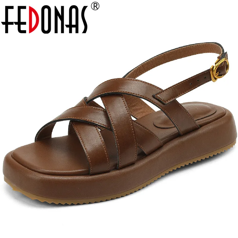 FEDONAS Women Sandals 2025 Summer Rome Style Cross-Tied Genuine Leather Gladiator Flats Platforms Working Casual Shoes Woman