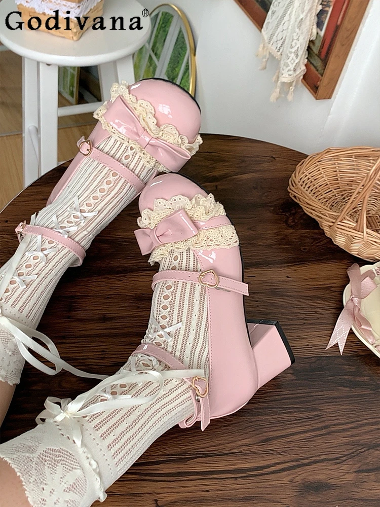 

Japanese Original Lolita Lace Bow Doll-Style High Heels Cute Sweet Girl Round Toe Chunky Mary Jane Shoes