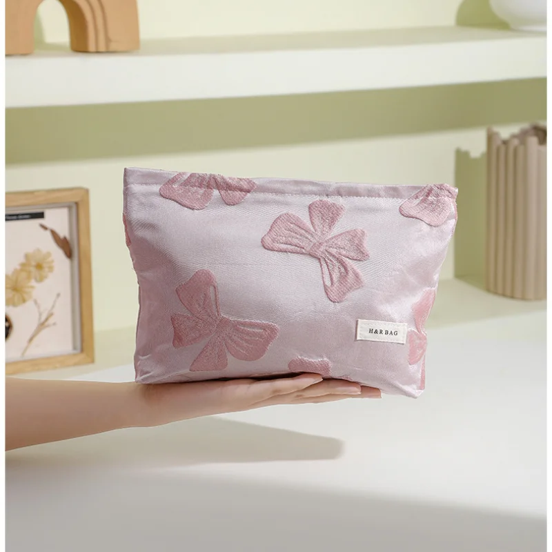 Borsa per il trucco con fiocco squisito retrò per le donne borsa per cosmetici pochette portatile custodia per il trucco femminile custodia per