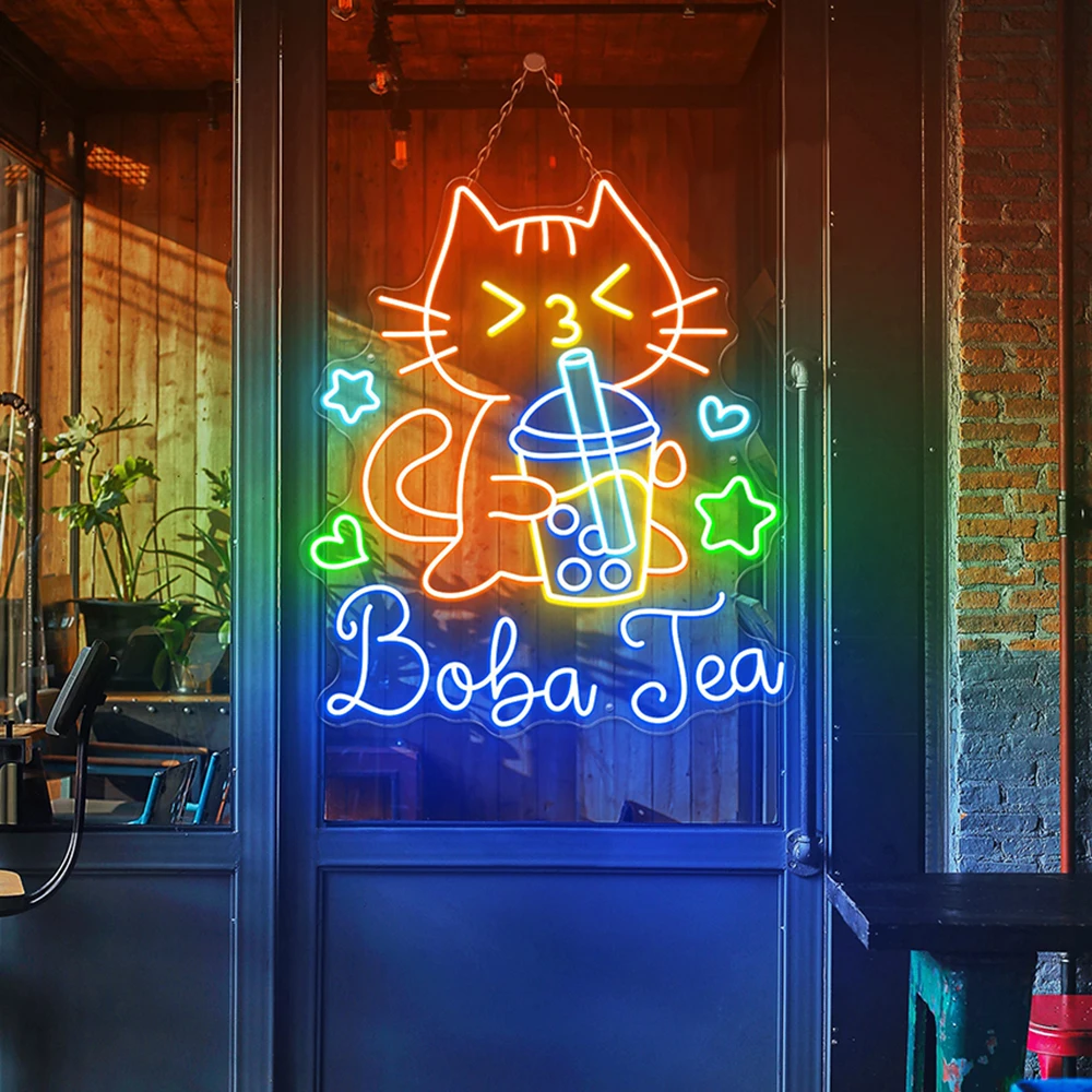 Cute Cat Drinking Boba Tea Neon Sign Bubble Tea Neon Light Kawaii Cat LED Signs But First Boba Shop Wall Decor Custom Neon Light