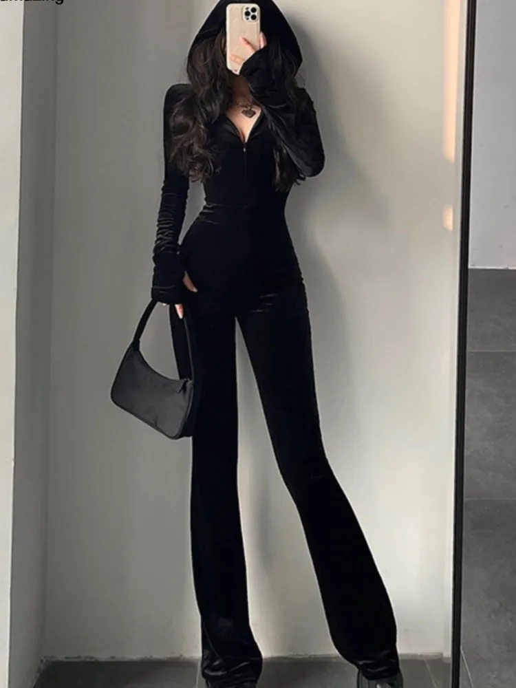 Combinaison moulante en velours noir pour femme, Sexy, mode, capuche, fermeture éclair, pantalon évasé, barboteuse, Vintage Y2k, Streetwear, tenues d'hiver, automne