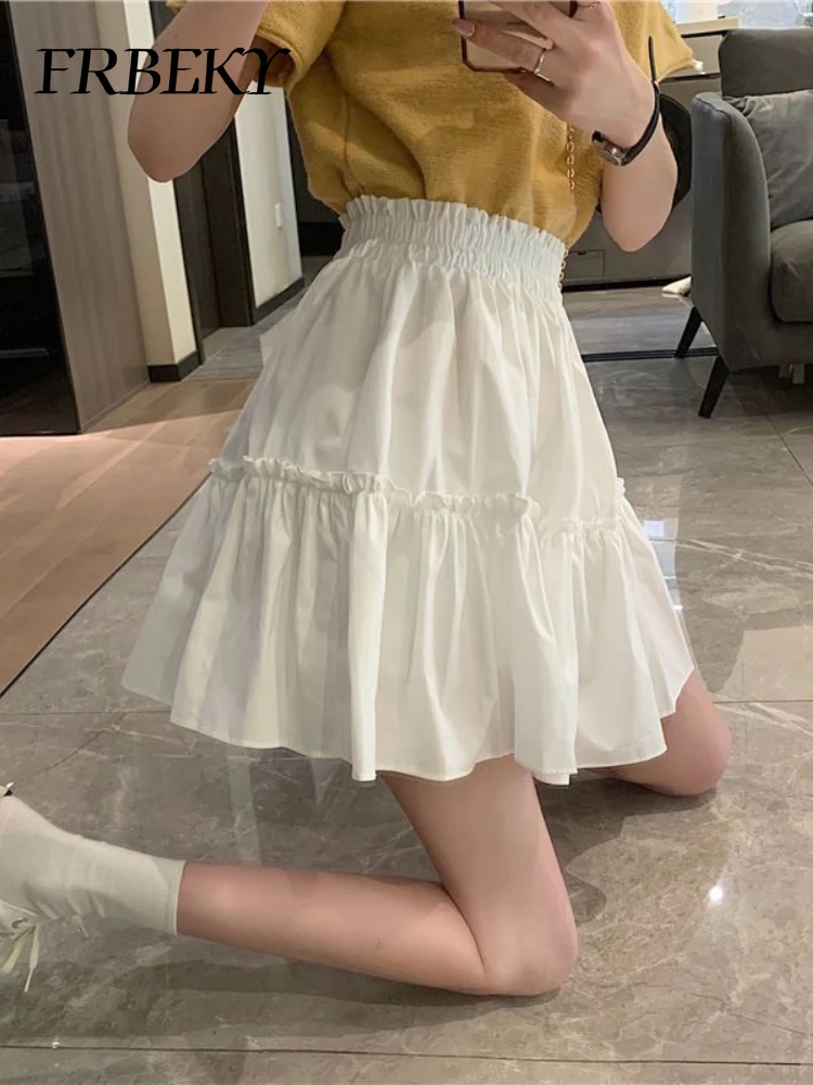 

Elegant Skirts for Women Summer New Casual Elastic Waist Wooden Ear White Half-body Skirt Temperament A-line Ladies Mini Skirt