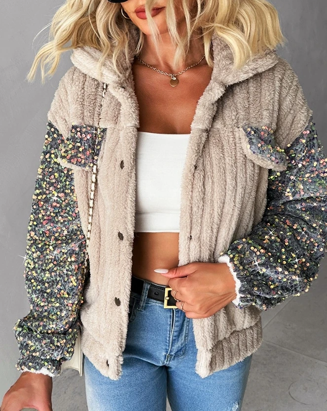 Women's Urban Thick Short Coat 2025 Autumn winter Latest Turn down Collar Sequin Patch Teddy Jacket Cardigan Pocket Long Sleeve