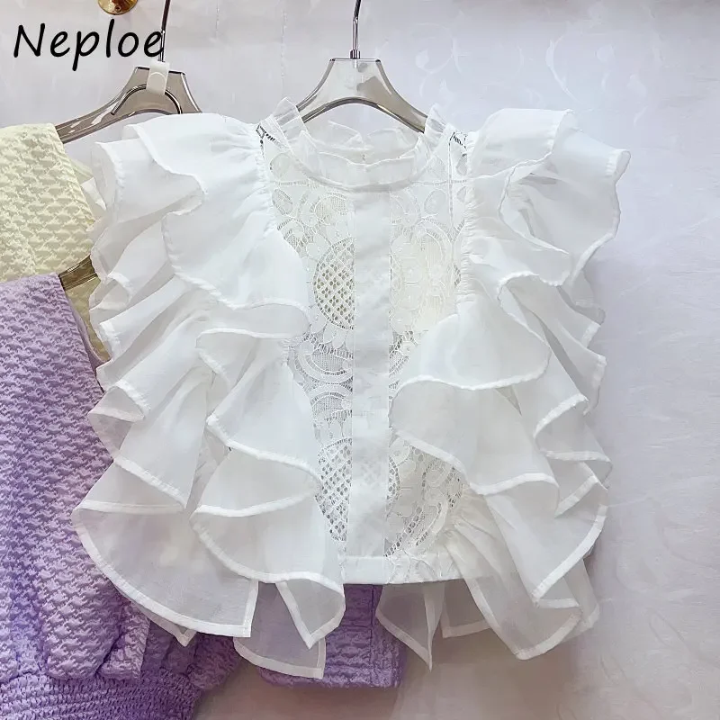 Neploe 2024 Summer Advanced French Blouses Ruffle Edge Splice Hook Flower Hollow Out Standing Neck Lace Shirt Femme Gentle Blusa