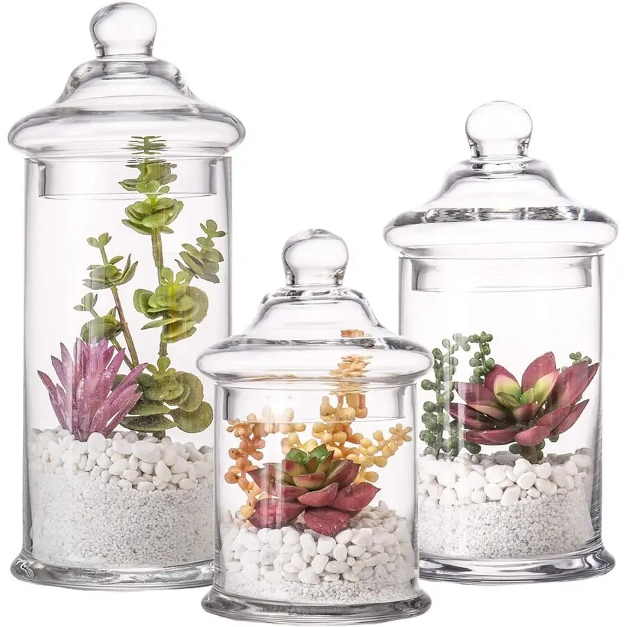 

of 3 Glass Apothecary Jars with Lids, Clear Bathroom Storage Organizer Canister Set for Qtips, Cotton Swabs, Cotton Balls, Bath