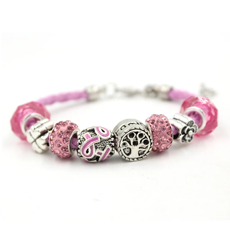 1PC New Arrival Pink Leather Family Tree Pink Ribbon Breast Cancer Awareness Bracelets Jewelry Gift for Cancer Center Foundation