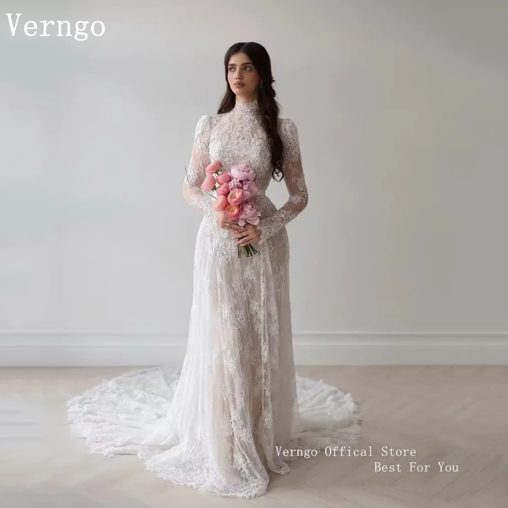 Verngo Romantic Lace Wedding Dress High Neck Full Sleeves Mermaid Bridal Gowns Modest Elegant Bride Dress Customized