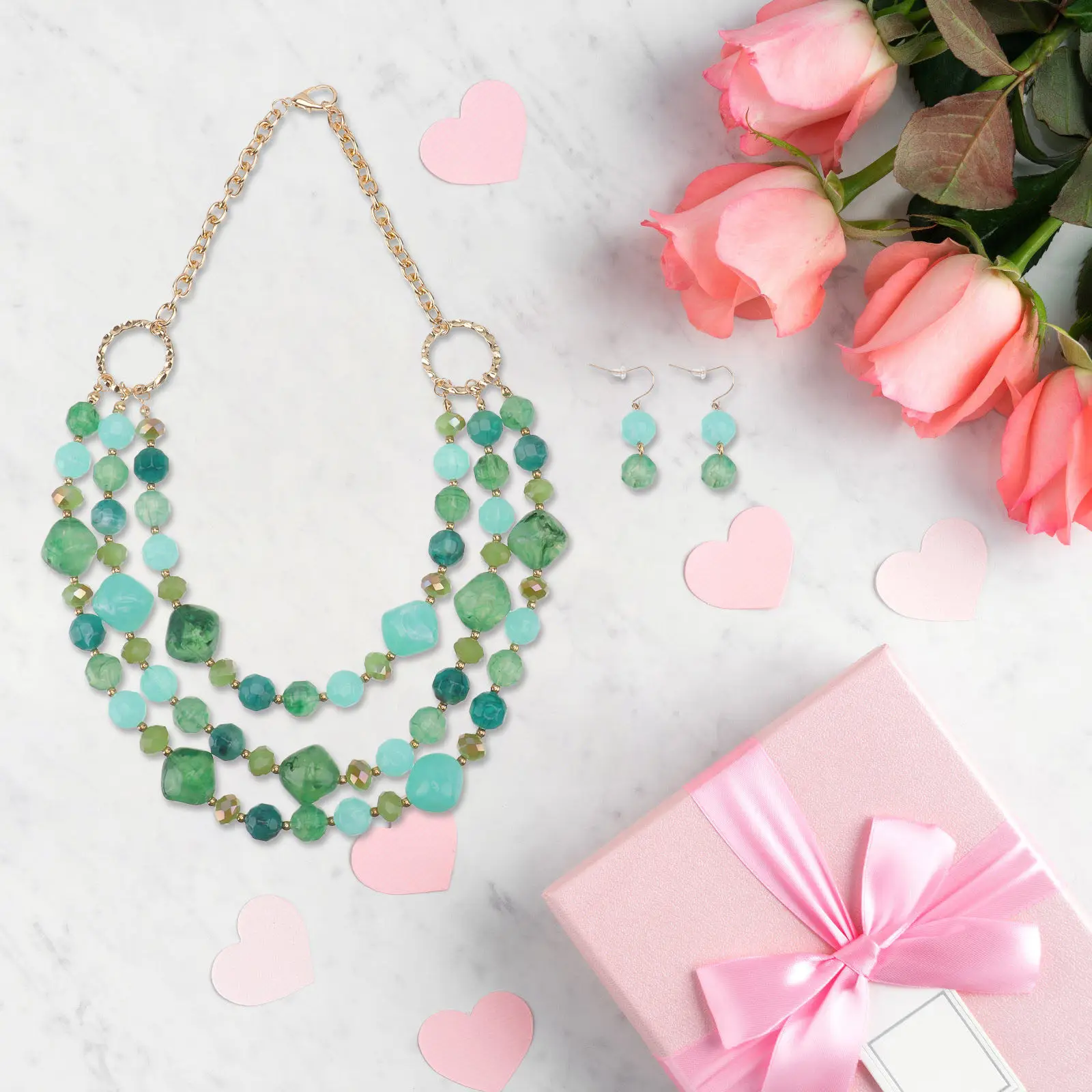 1Set Multi Layer Necklace Earrings Set Elegant Stylish Light Resin Danglers for Party Wedding Woman Fashion Accessories