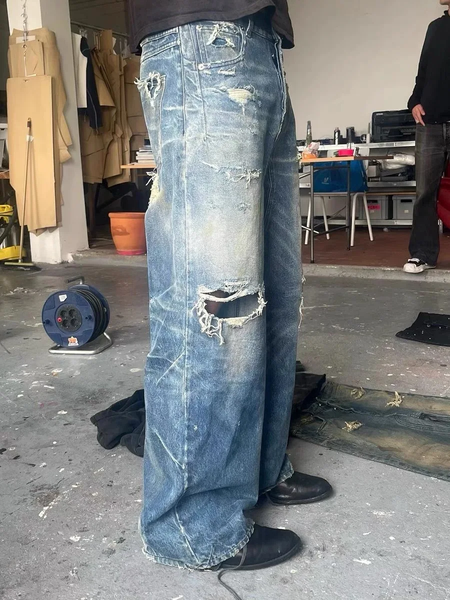 

Мужские широкие джинсы Waed Blue с эффектом потертости и рваными элементами, молодежные повседневные джинсовые брюки для осени