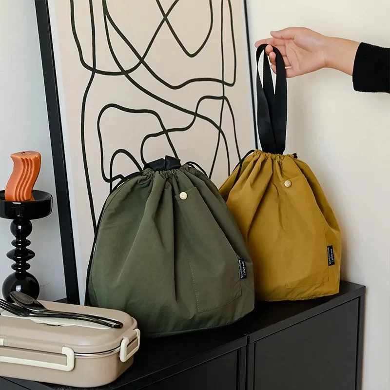 Borsa da pranzo coreana giapponese in tela di cotone grande tinta unita con coulisse borsa da picnic portatile con isolamento termico Bento Box