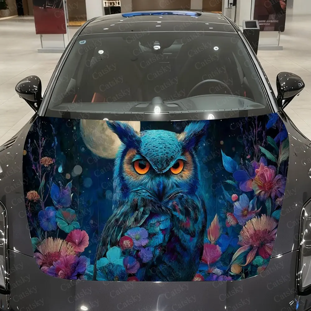 Owl with Clustered Blooms Car Vinyl Wrap, PVC Material Waterproof Car Hood Sticker, Self-Adhesive Scratch-Resistant Stickers