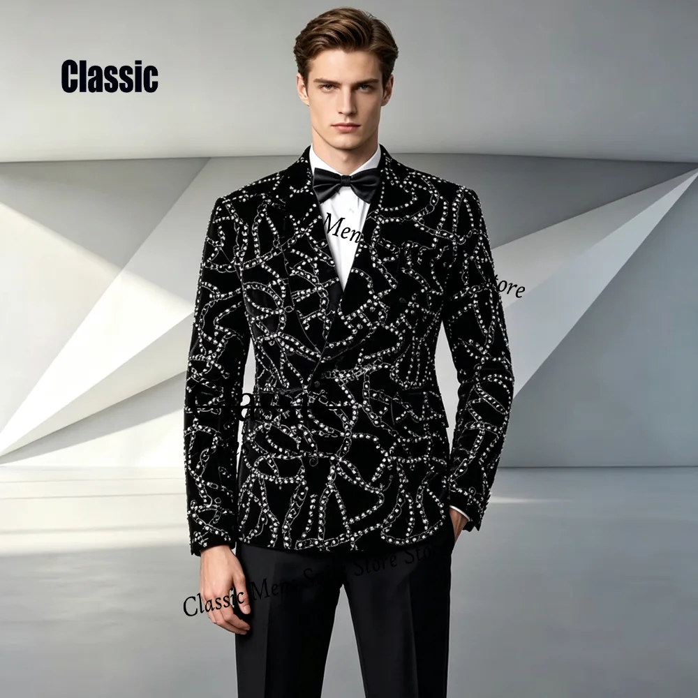 Glitter Crystal Men suit Customized Luxury Sequin Gem For Wedding Groom Male Prom Party Formal Blazer 2 Pieces Set Tuxedos Slim