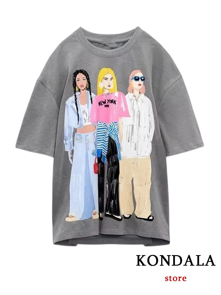 KONDALA Casual Cartoon Girl Print T-Shirts Women Short Sleeve O Neck Loose Tees Shirts Fashion 2023 Summer Y2K Streetwear Tops