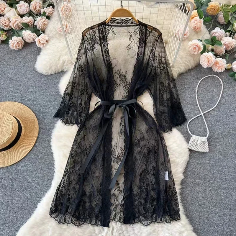 Sexy Lace Pajamas Women Thin Spring Summer Mesh Nightdress Deep V-neck Cardigan Mid-length Lace-up Beach A-line Dress Fashion