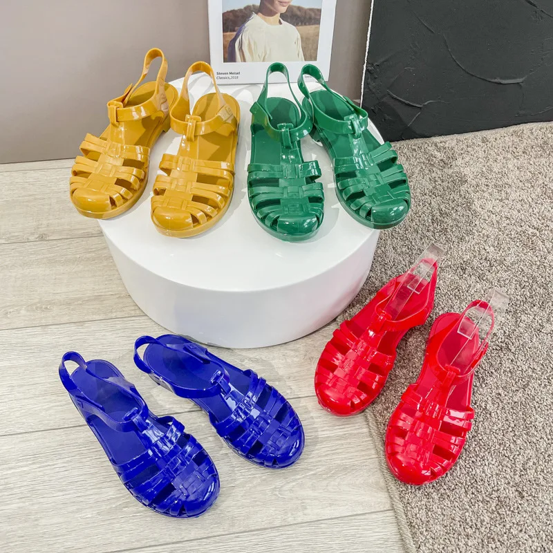 Summer Baotou Roman Women\'s Sandals Vintage Flat Heel Transparent Crystal Beach Shoes Flat Bottom Plastic Jelly Shoes SHW147