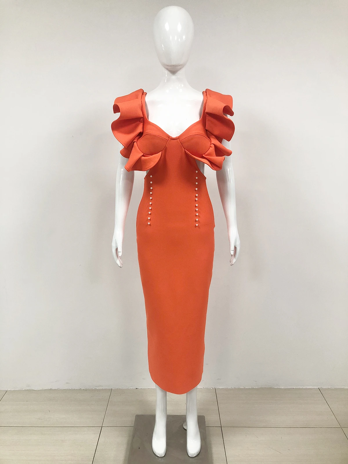 GORAFASHION Women Celebrity Sexy V Neck Cut Out Orange Ruffles Midi Bodycon Bandage Dress Elegant Evening Club Party Dress