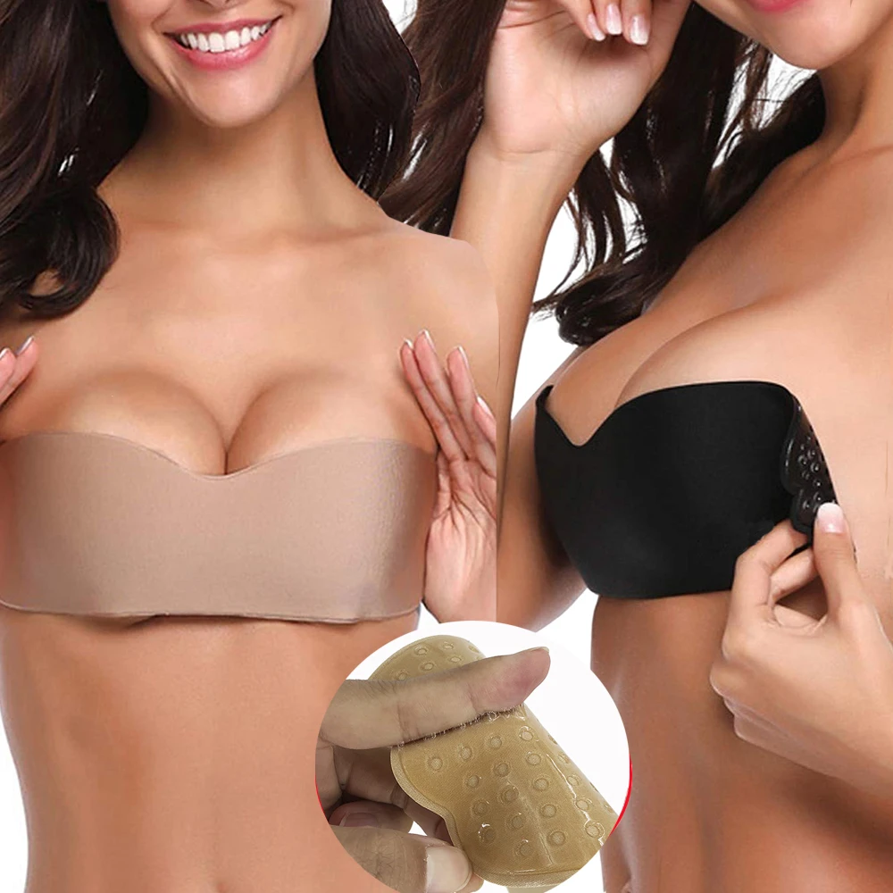 Women Self Adhesive Strapless Bra Blackless Solid Color Bra Stick Gel Silicone Push Up Women's Sexy Underwear Invisible Bra