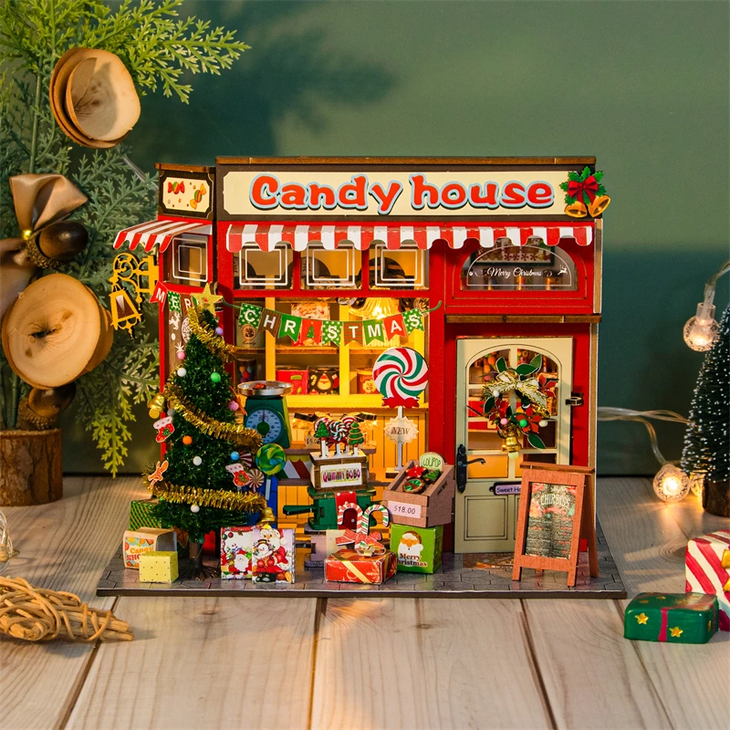 Diy kits de construção em miniatura de madeira casa de doces casas de bonecas com móveis casas de bonecas para amigos presentes de aniversário