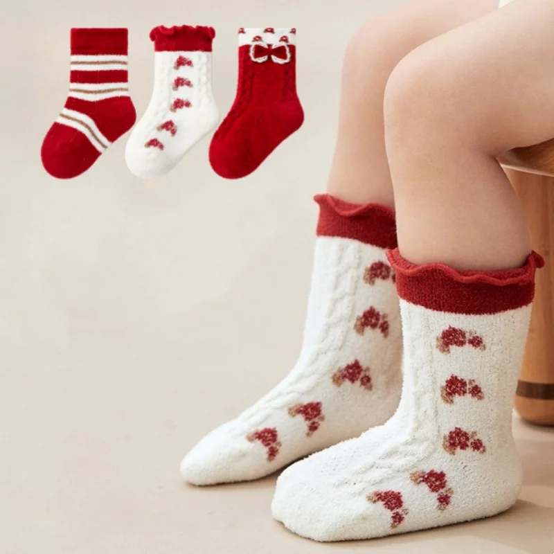 

3 пары/лот, зимние детские носки, От 0 до 3 лет, цветные носки с бантом для маленьких девочек, утепленные рождественские носки в корейскую полоску для новорожденных