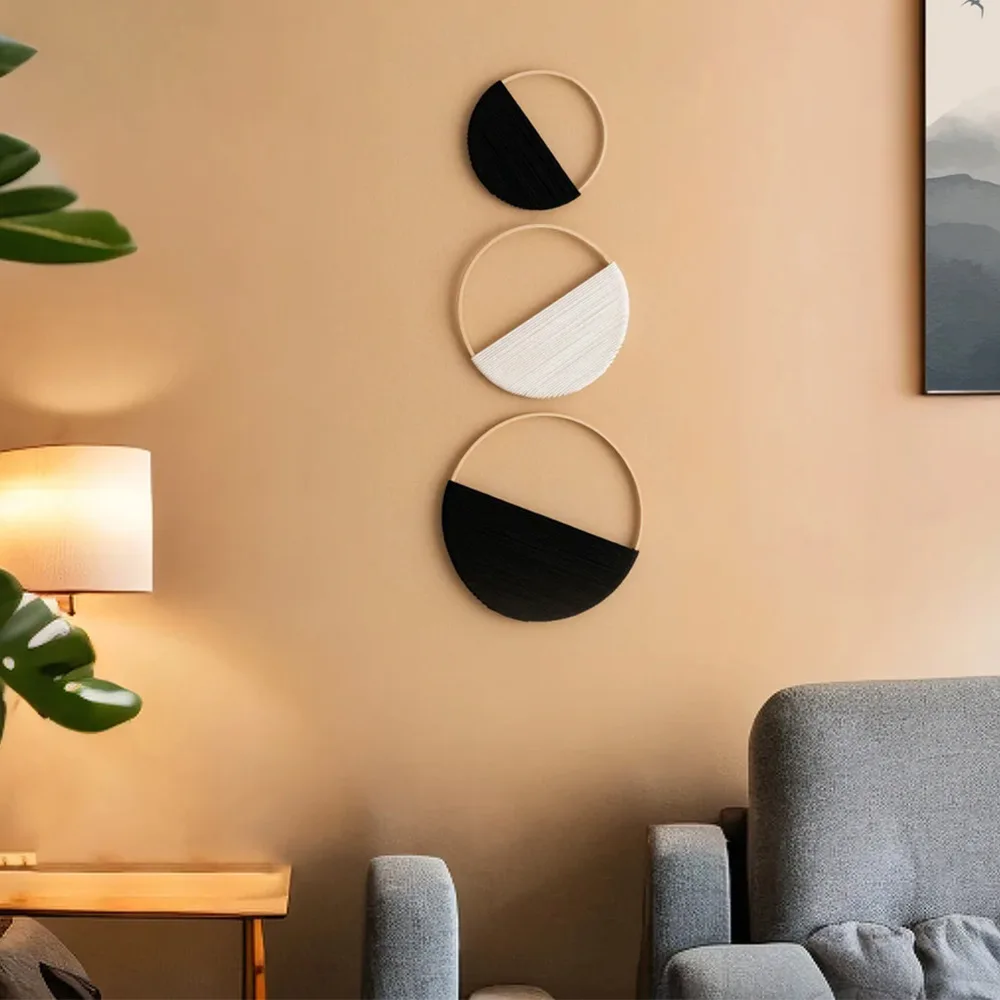 3Pcs Wooden Ring Wall Hanging Set Handmade Woven Half Circle Wall Art, Boho Geometric Wall Decor for Home Ornament Gift.
