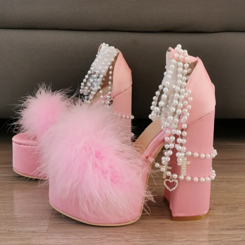 

Sweet Fur Open Toe Chunky Heels Sandals White Pearls Chain Strap Open Toe Formal Dress Shoes Pink Leather PU Lady Footwears