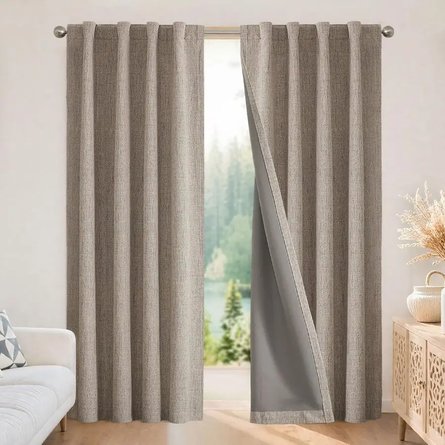 

100 Blackout Curtains for BedroomNatural Linen Curtains, Thermal Insulated Linen Light Blocking Drapes, Rod Pocket amp Back Tabs