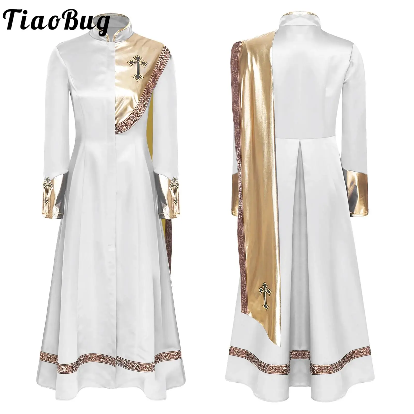 

Women Priest Church Clergy Cassock Costume Halloween Dress Up Sets Long Robe Patchwork Metallic Drape Front Zipper Maxi Dress