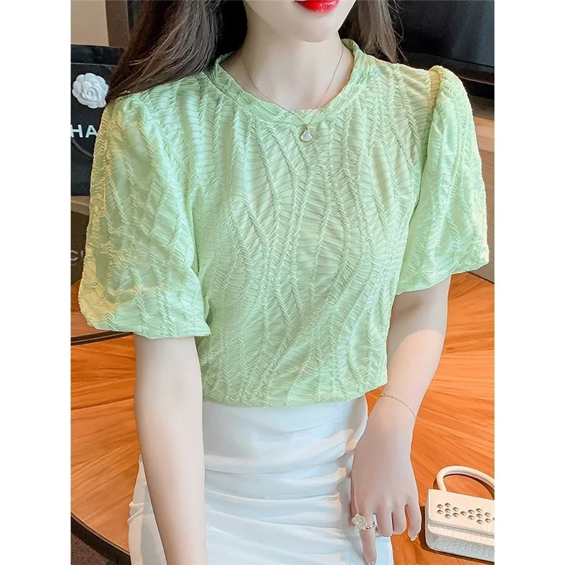 Chic Sweet Jacquard Green White Fashion Chiffon Top Blouse Women Summer Casual O Neck Puff Short Sleeve Slim Shirts Blusas Mujer