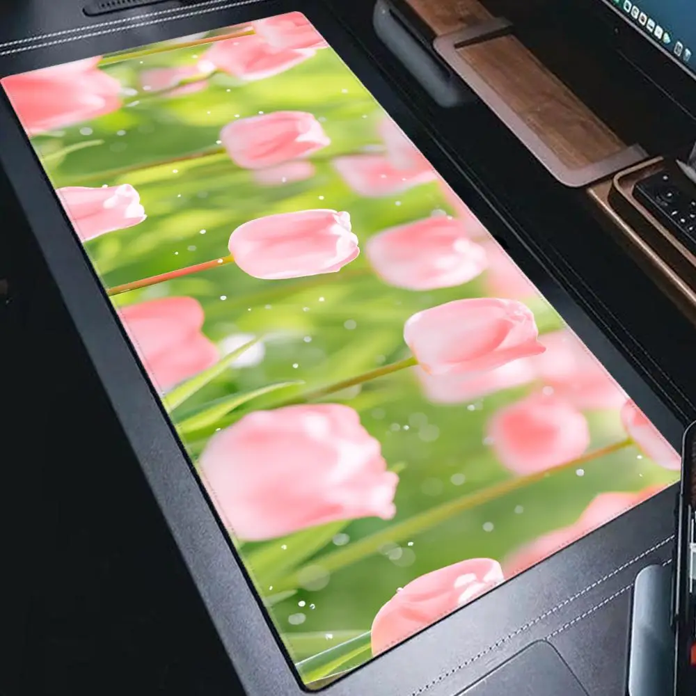 

HYBXAXC Pink Tulip Flower Large Desk Mat, Aesthetic Floral Extended Mouse Pad, Non-Slip Waterproof Keyboard Pad for Home Gaming