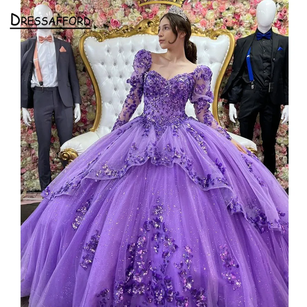 Purple Quinceanera Dresses Plus Size Ball Gown Masquerade Princess Girl Beads Flowers Long Sweet 16 Prom Dresses for 15 Years